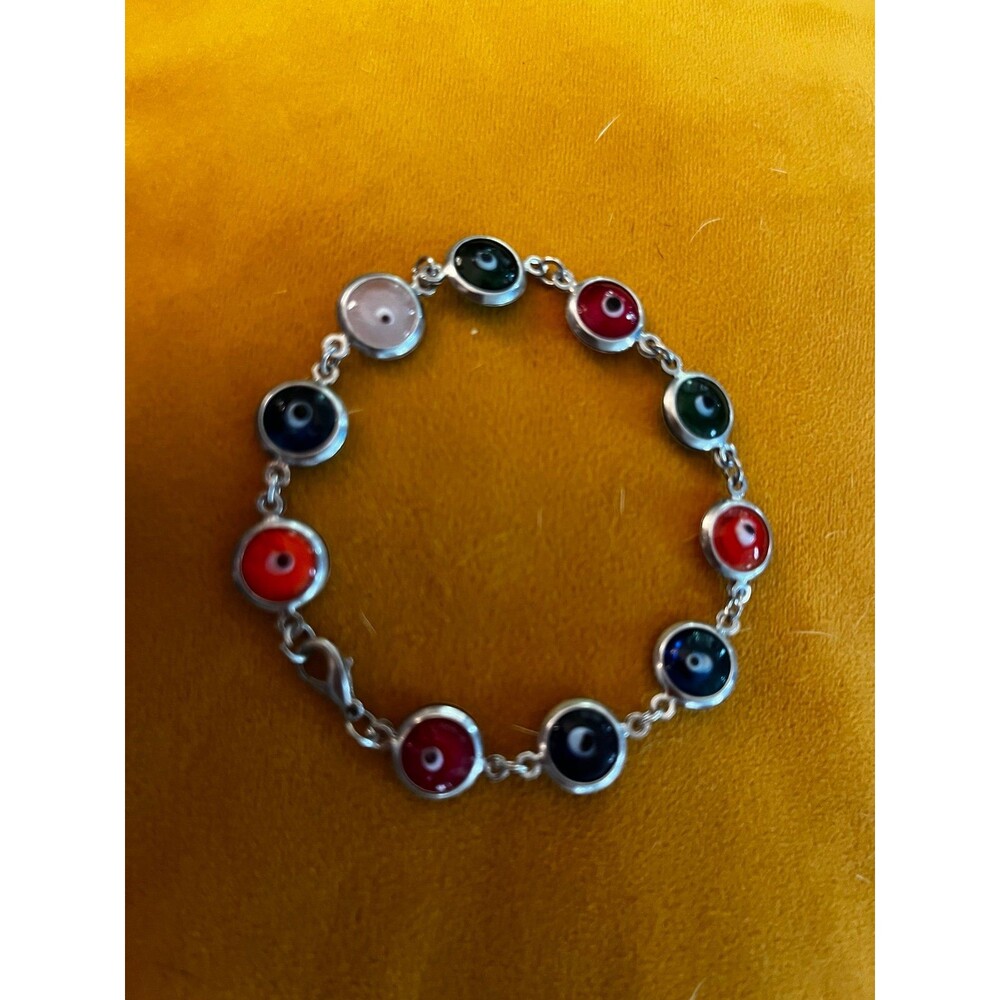 Evil Eye Art Glass Link Silvertone Bracelet